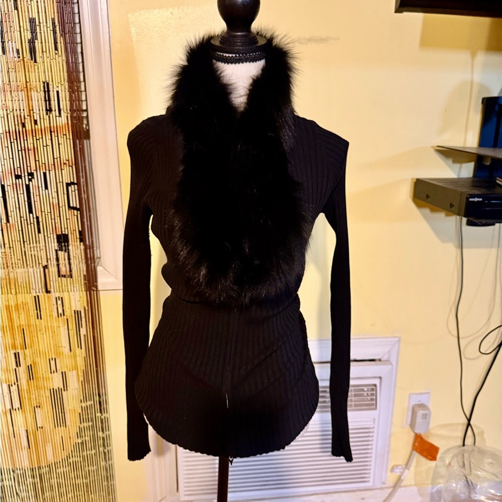 Cache Black Sweater with Faux Fur Collar